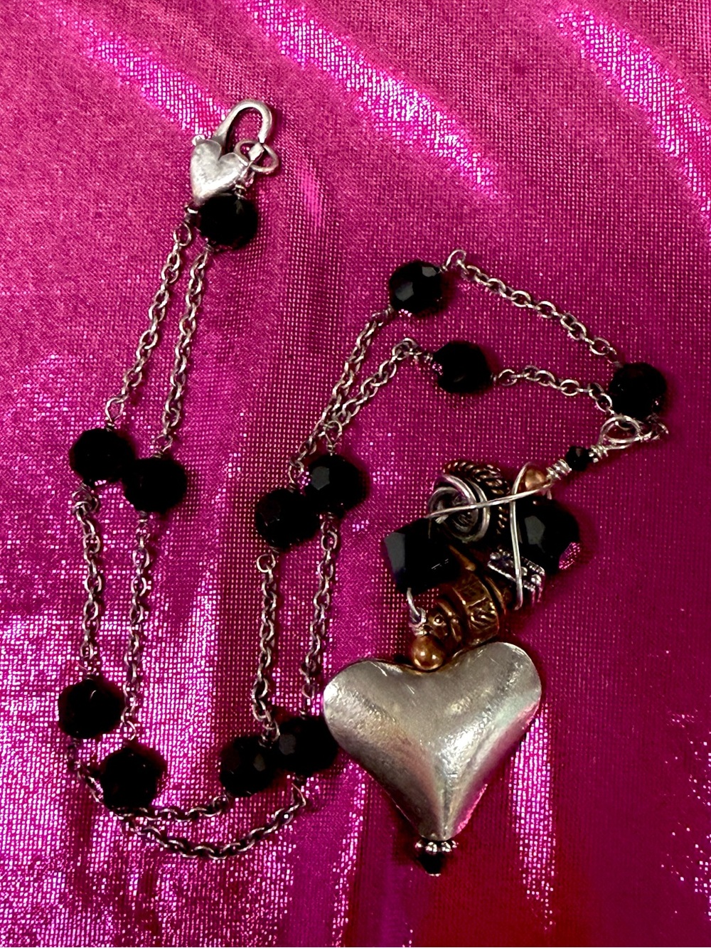 Faceted Briolette Onyx Necklace Silver Heart Clasp with Puffy Heart Pendant
